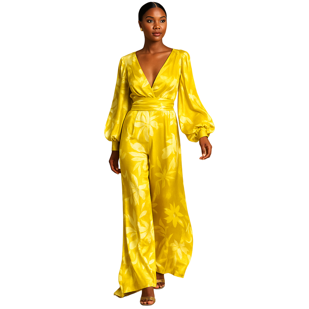 Woman wearing a bright yellow satin jumpsuit against a beige background