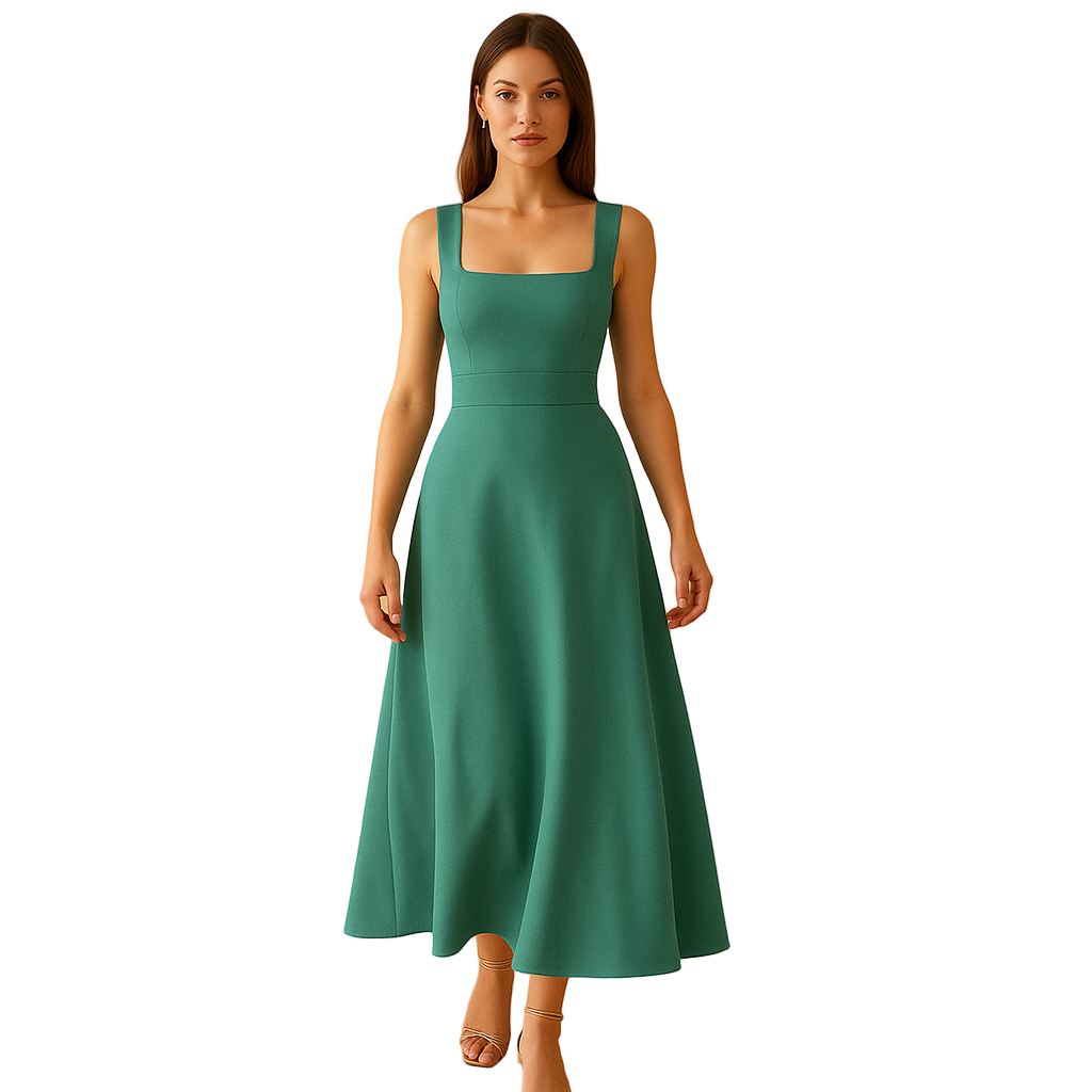 Women's Square Neck Midi Dress | Breathable Cotton Blend with Waist Tie | Yinthe