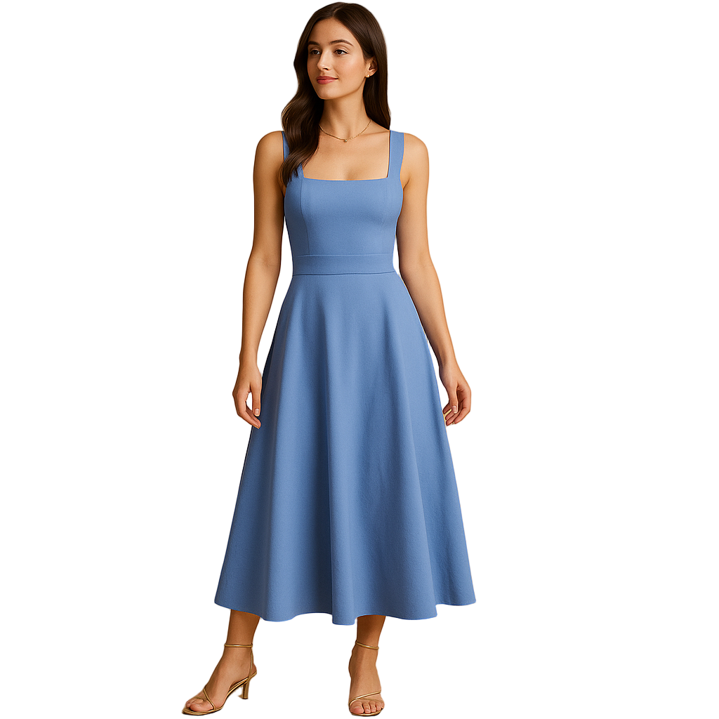 Women's Square Neck Midi Dress | Breathable Cotton Blend with Waist Tie | Yinthe