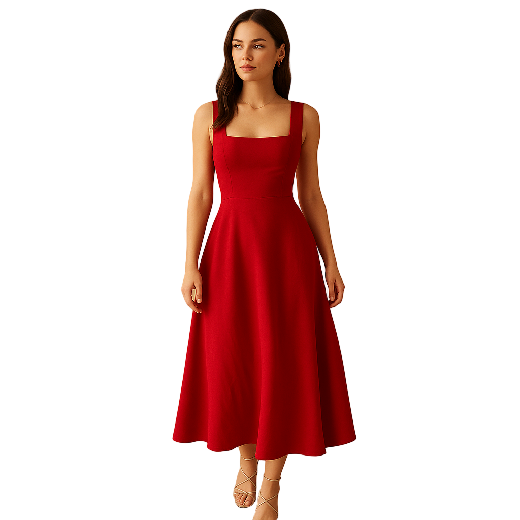 Women's Square Neck Midi Dress | Breathable Cotton Blend with Waist Tie | Yinthe