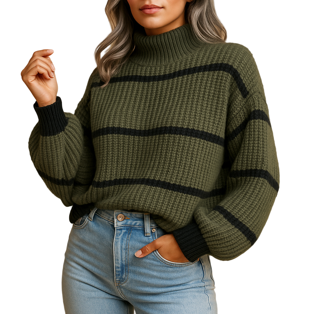 Women's Striped High Neck Knit Sweater | Black & White Relaxed Fit | Celine