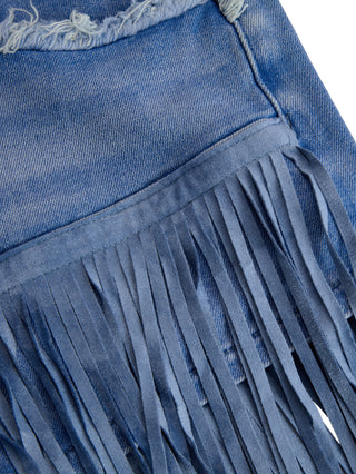 Aria Vintage Washed Raw Edge Tassel Denim Culottes | Light Blue