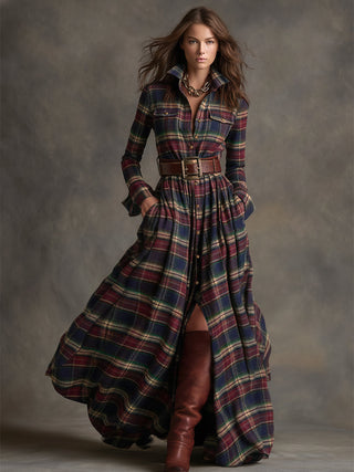 Retro Ethnic Lapel Plaid Maxi Dress with Belt