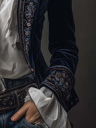 Vintage Embroidered Navy Velvet Long Jacket | Isabella