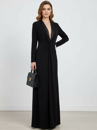 Deep V-Neck Long Sleeve Bodycon Maxi Dress | Noire