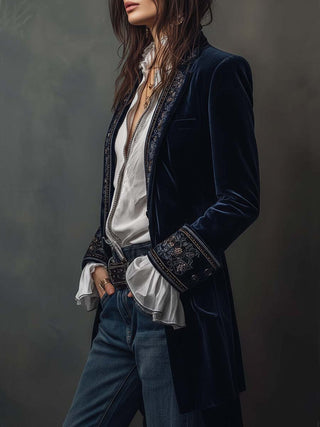 Vintage Embroidered Navy Velvet Long Jacket | Isabella