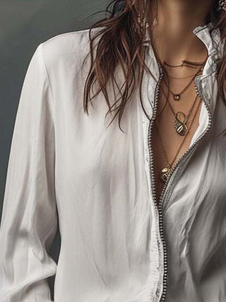 White Zip-Front Flounce Blouse | Aria