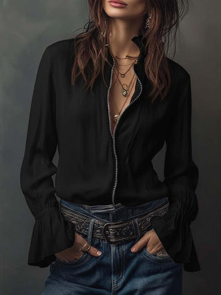 White Zip-Front Flounce Blouse | Aria