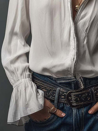 White Zip-Front Flounce Blouse | Aria