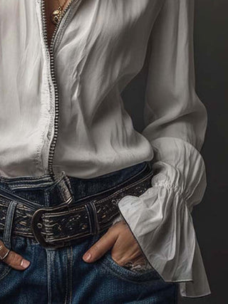 White Zip-Front Flounce Blouse | Aria