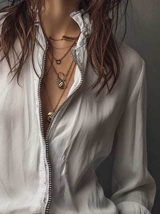 White Zip-Front Flounce Blouse | Aria