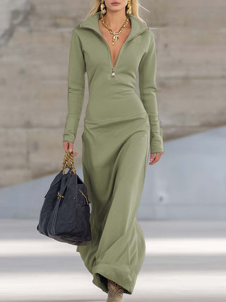 Elegant Retro Sporty V-Neck Zip Maxi Dress