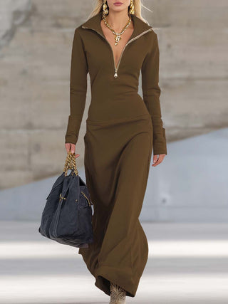 Elegant Retro Sporty V-Neck Zip Maxi Dress