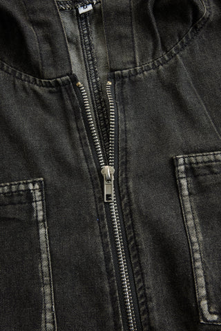 Casual Retro Hooded Zip Denim Jumpsuit