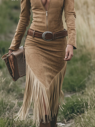 Retro Western Tassel Lapel Midi Dress