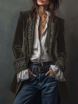 Vintage Embroidered Navy Velvet Long Jacket | Isabella