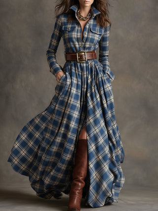 Retro Ethnic Lapel Plaid Maxi Dress with Belt