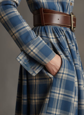 Retro Ethnic Lapel Plaid Maxi Dress with Belt