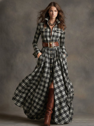 Retro Ethnic Lapel Plaid Maxi Dress with Belt