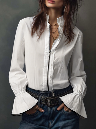 White Zip-Front Flounce Blouse | Aria