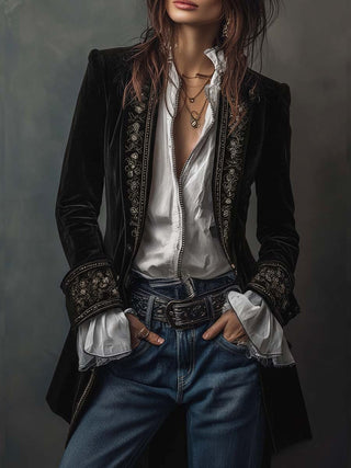 Vintage Embroidered Navy Velvet Long Jacket | Isabella