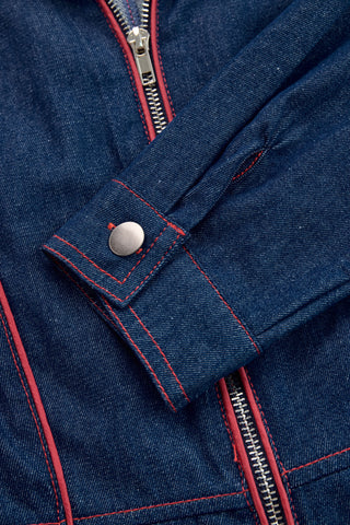 Vintage Red Topstitched Denim Wide-Leg Jumpsuit