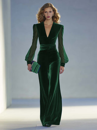 Vintage Royal Blue Velvet Mesh Sleeve Jumpsuit | Elena