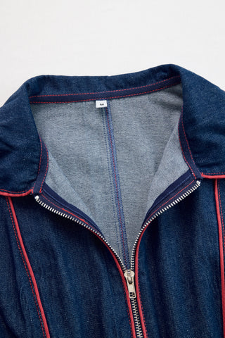 Vintage Red Topstitched Denim Wide-Leg Jumpsuit