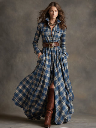 Retro Ethnic Lapel Plaid Maxi Dress with Belt
