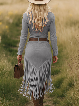 Retro Western Tassel Lapel Midi Dress