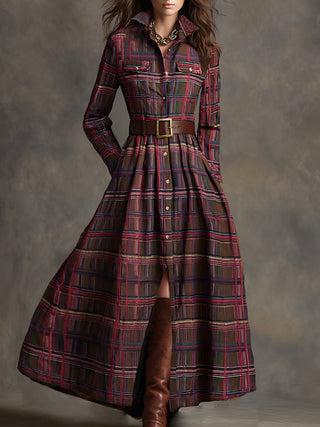 Retro Ethnic Lapel Plaid Maxi Dress with Belt