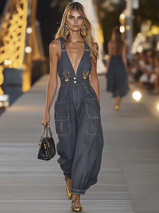 V-Neck Suspender Denim Jumpsuit | Elowen