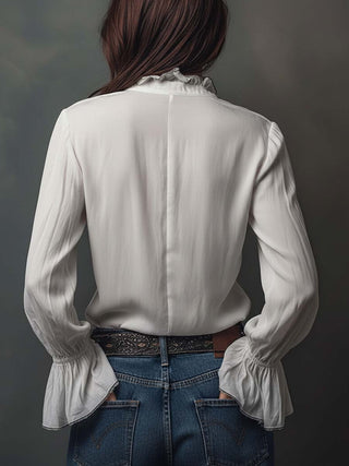 White Zip-Front Flounce Blouse | Aria