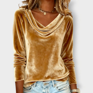 Velvet Drape-Neck Top – Elegant Fluid Silhouette | Margaret