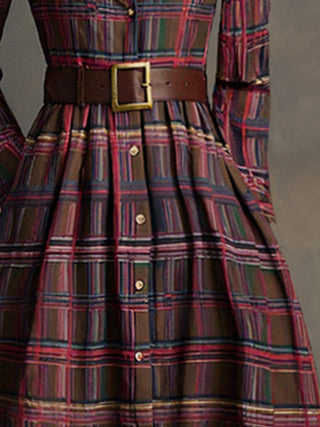 Retro Ethnic Lapel Plaid Maxi Dress with Belt