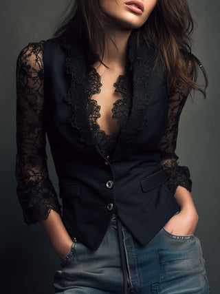 Elegant Lace Sleeve Blazer Top | Noiré