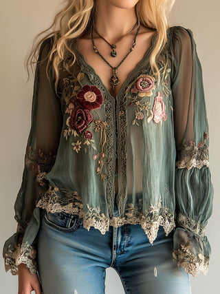 Bohemian Vintage Green Embroidered Shirt | Elowen