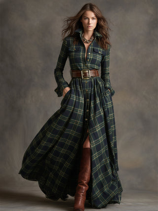 Retro Ethnic Lapel Plaid Maxi Dress with Belt