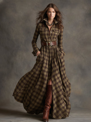 Retro Ethnic Lapel Plaid Maxi Dress with Belt