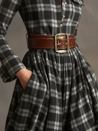 Retro Ethnic Lapel Plaid Maxi Dress with Belt