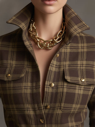 Retro Ethnic Lapel Plaid Maxi Dress with Belt