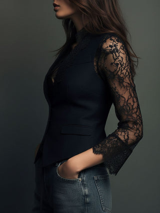 Elegant Lace Sleeve Blazer Top | Noiré