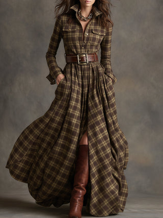 Retro Ethnic Lapel Plaid Maxi Dress with Belt