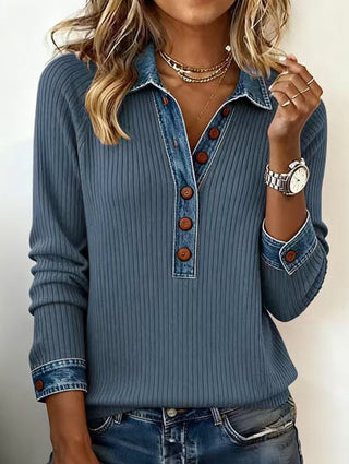 Denim collar patchwork knit pullover sweater for women | Maren
