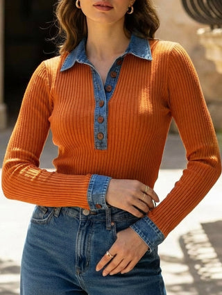 Denim collar patchwork knit pullover sweater for women | Maren