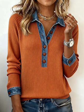 Denim collar patchwork knit pullover sweater for women | Maren