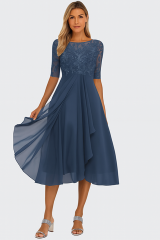 Vera Elegant Women’s Dress – Lace & Chiffon A-Line Midi Dress with Short Sleeves