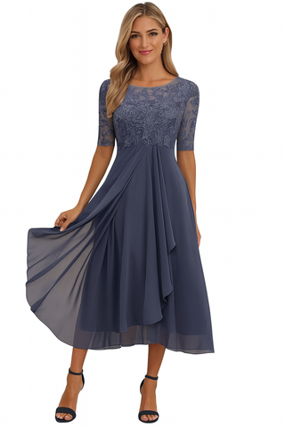 Vera Elegant Women’s Dress – Lace & Chiffon A-Line Midi Dress with Short Sleeves