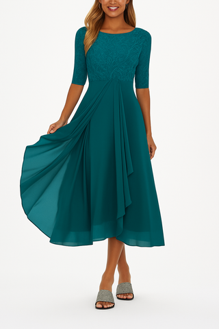 Vera Elegant Women’s Dress – Lace & Chiffon A-Line Midi Dress with Short Sleeves