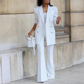 Double-Breasted Long Blazer and Flared Trousers Set | Valerisse
